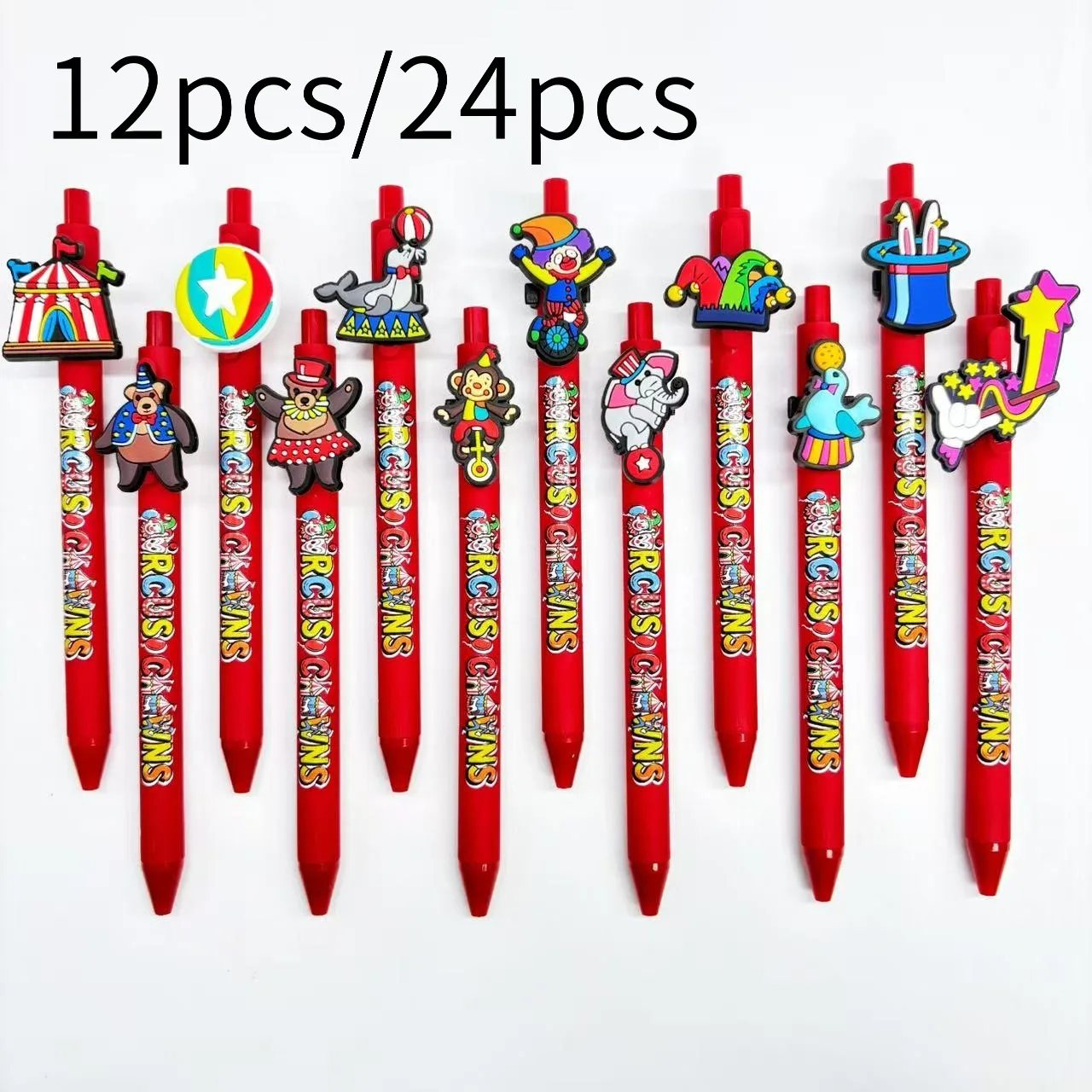 

12pcs/24pcs Creative Circus themed ballpoint pen, red pen holder, ink quick drying pen, student writing gift pen