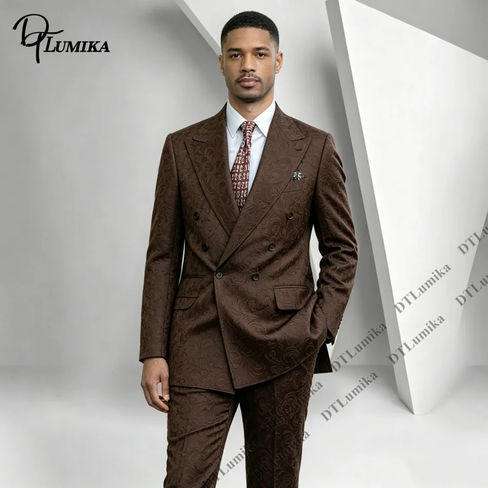 DTLumika Vintage Embossed Double Breasted Men 2 Piece Suit Set Including Jacket Trousers Business Banquet Wedding Retro Tuxedo