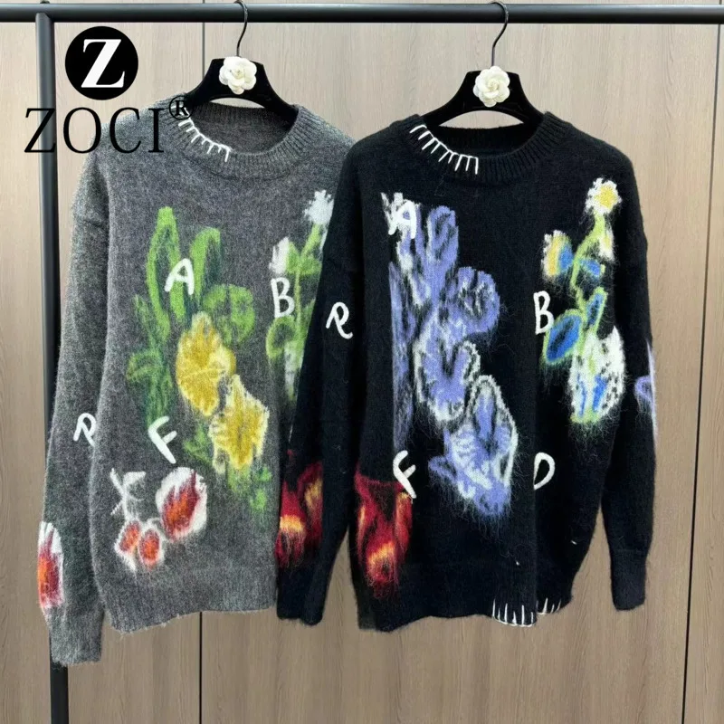 [ZOCI] Winter Round Neck Long Sleeve Letter Contrast Large Flower Pattern French Style Loose Sweater