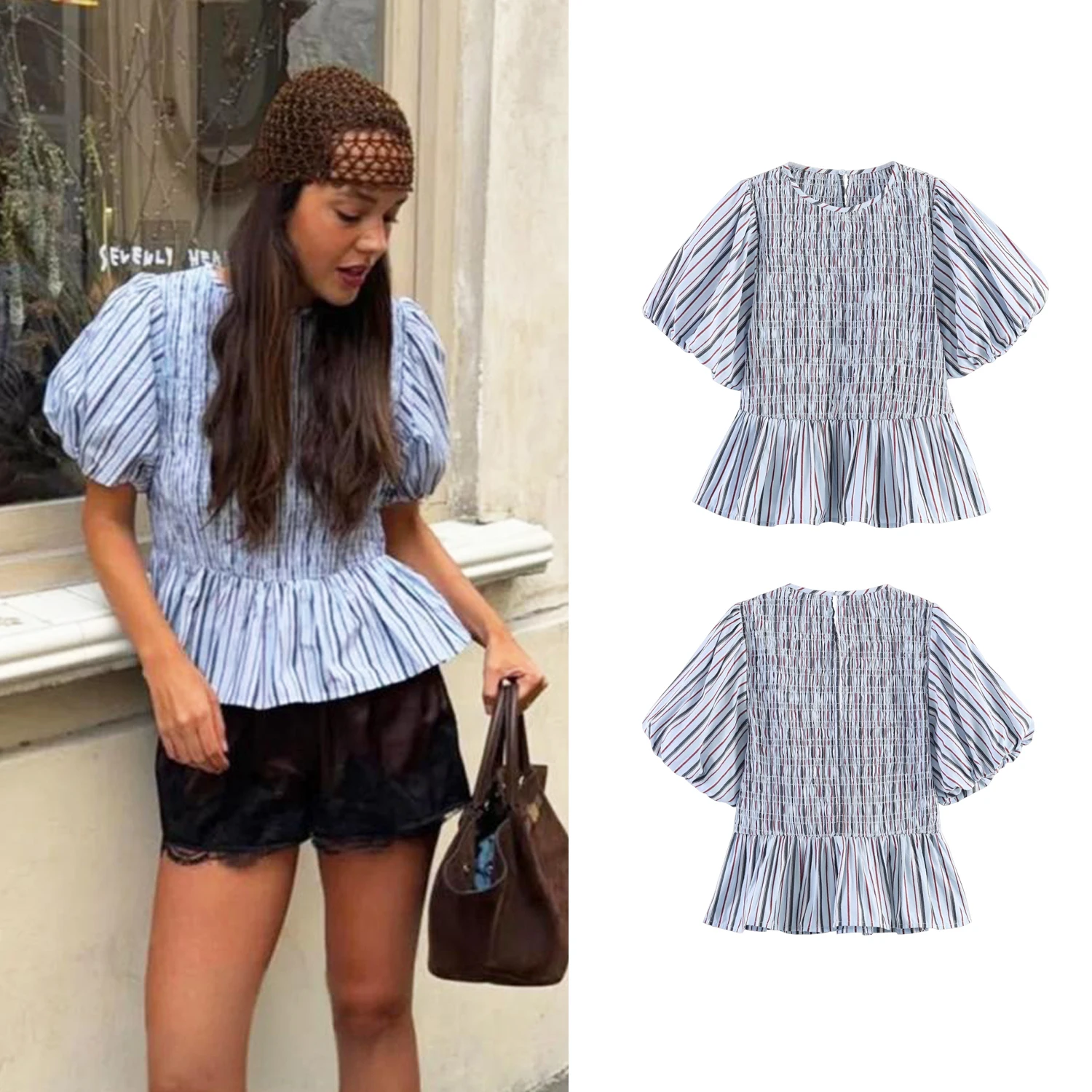 Damen Blaue Elegante Freizeit Gestreifte Blusen Hemd Sommer Kurzarm Puffärmel T-Shirts Damen Schicke Lässige Streetwear Hemden