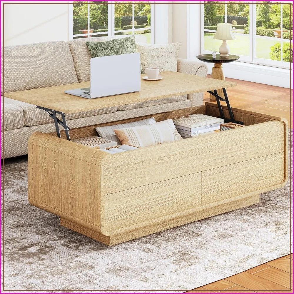 Lift Top Coffee Table with Storage, 2-Tier Center Table with 2 Drawers, Curved Design, Natural Oak