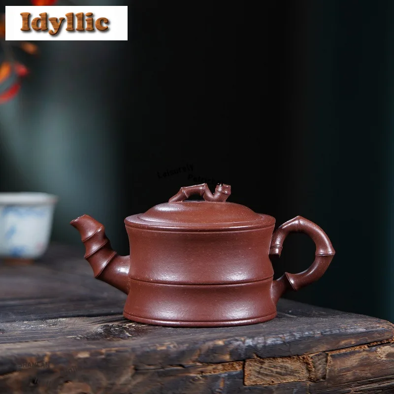 

200ml Yixing Purple Clay Teapots Handmade Bamboo Section Pot Raw Ore Purple Mud Tea Brewing Kettle With Infuser Zisha Tea Set