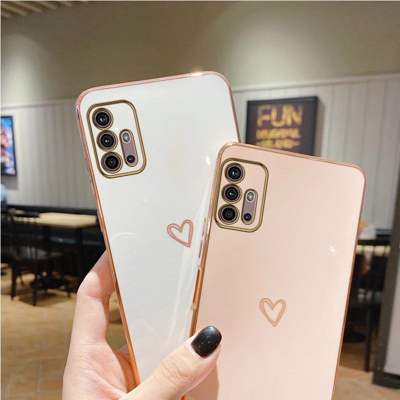 Love Heart Plating Phone Case On For Motorola Moto G60 G30 G20 G10 G50 5G 2021 G22 G52 G40 E20 G8 G9 Play E7 Plus Power Cover