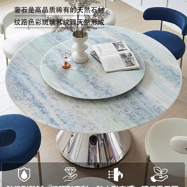 Small apartment dining room: blue crystal natural luxury stone round dining table, dazzling starry marble luxury stone dining ta