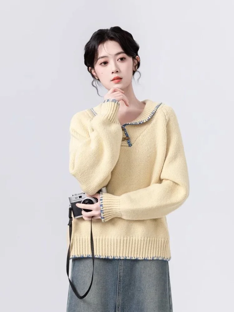 Sweter Lucu Jepang Manis Wanita Kasual Gaya Preppy Lengan Panjang Longgar Pullover Rajutan Jumper Kerah Lipat Solid Sederhana