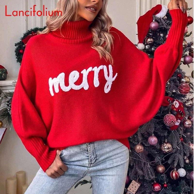 

Модный Рождественский свитер с высоким воротником и вышивкой Merry, Женская осенне-зимняя Свободная куртка с рукавами «летучая мышь», вязаный свитер, Топ