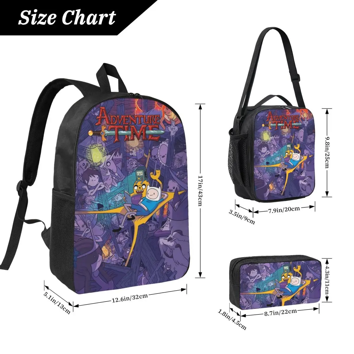 3Pcs Adventures merch Backpack Set for Boy Girl Pen Bags Bookbag Sets with Lunch Box For School Students Knapsack