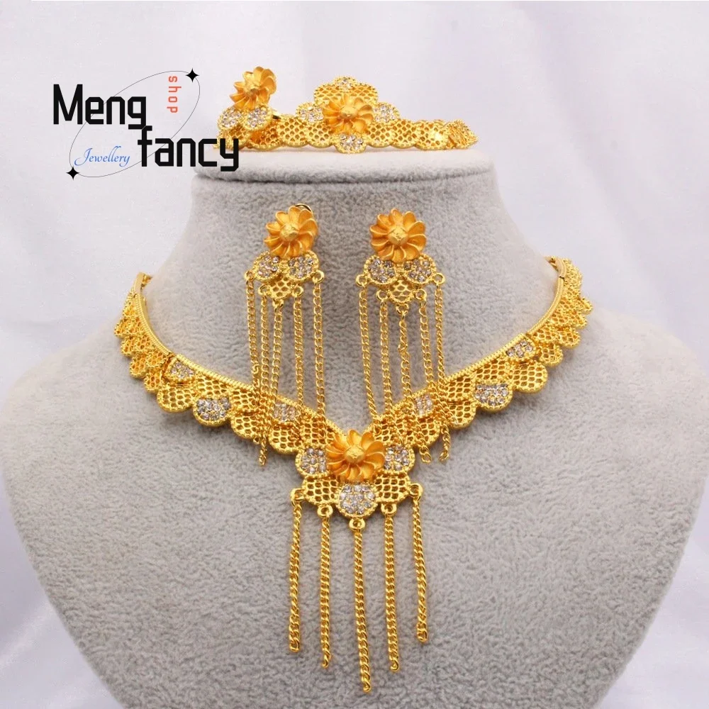 

Vietnamese Sand Gold Jewellery SetSaudi Bridal Necklace Bracelet Earrings Ring Exquisite Fashion Luxury Jewelry Wedding Souvenir