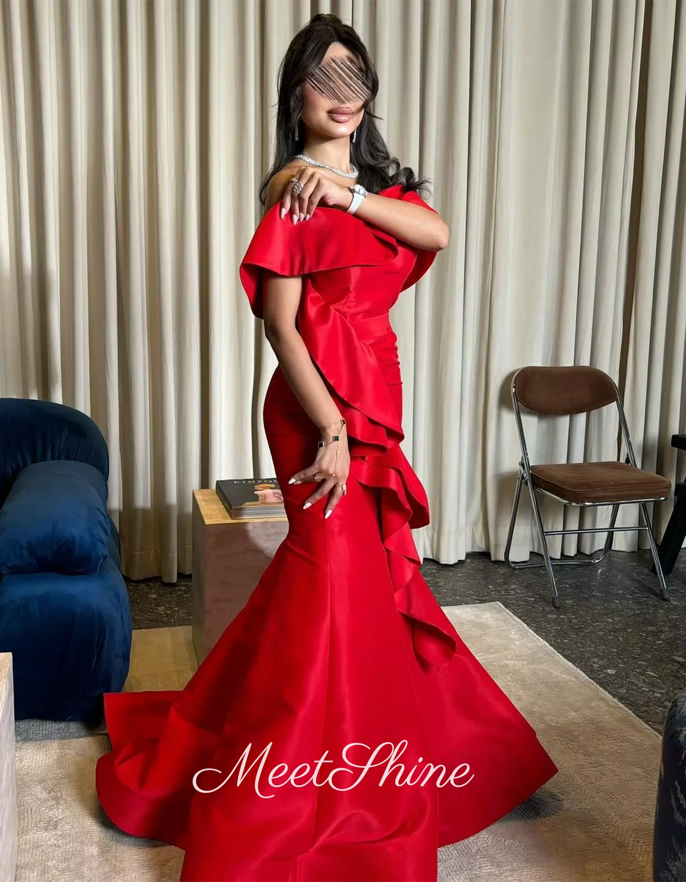 فستان سهرة أحمر بدون أكتاف حورية البحر طول الأرض فستان حفلة موسيقية حديث للمرأة فستان رسمي مخصص للحفلات 2025