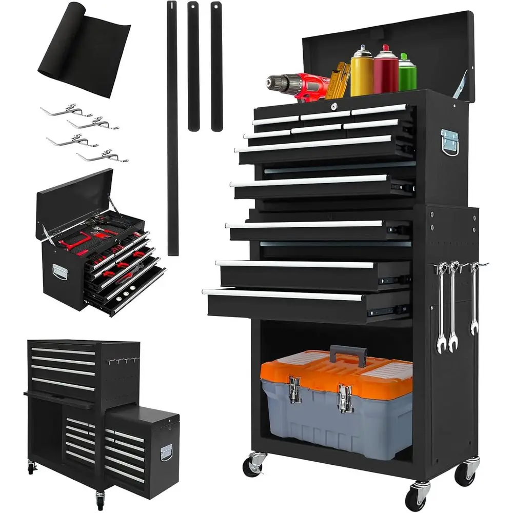 

13 Drawer Mobile Tool Chest with Detachable Ders, Lockable Steel Storage Cabinet for Garage or Warehouse - Black