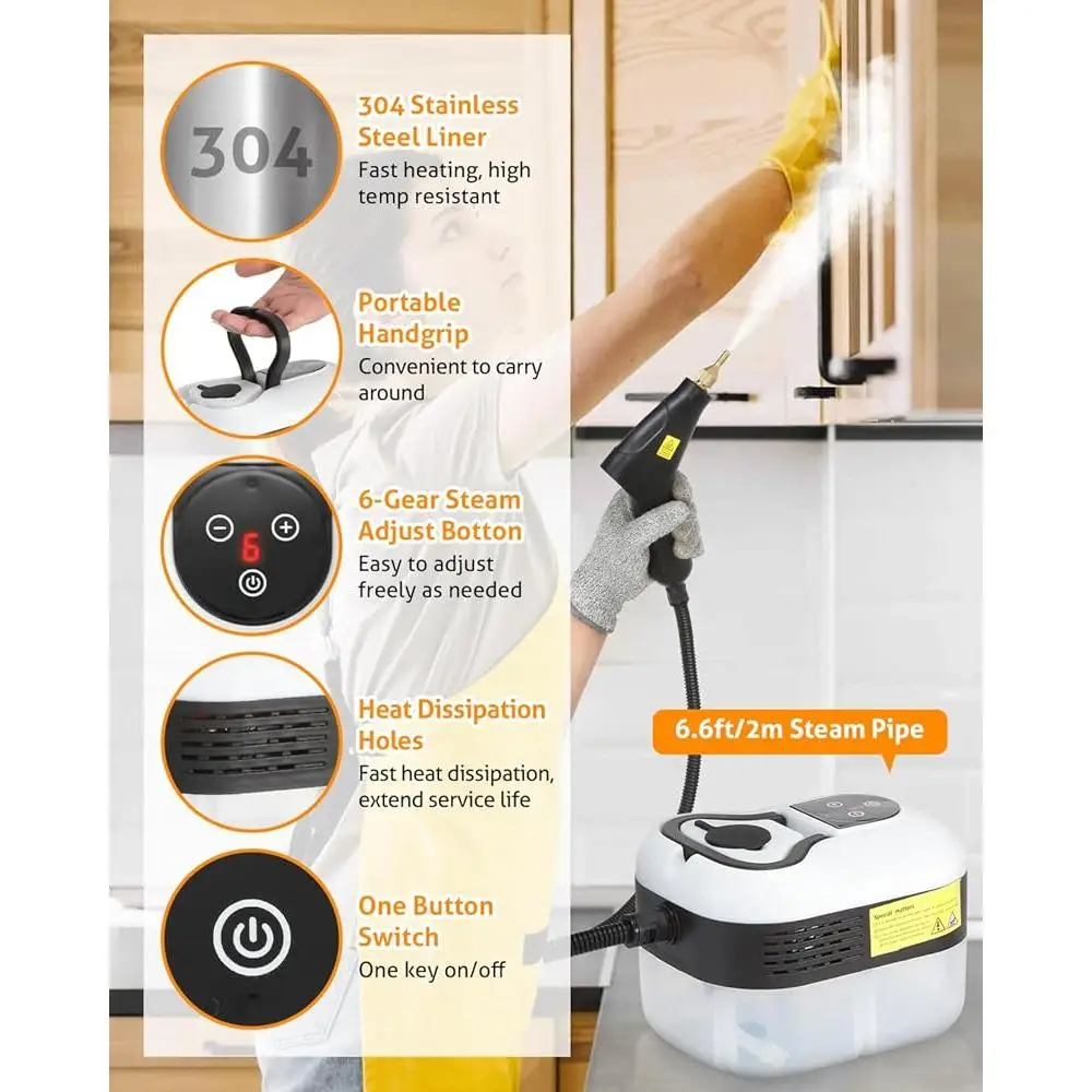 High Pressure Handheld Steam Cleaner 1500W Portable Steam Cleaning Machine 105C 4.5BAR with Extended Nozzle 6 Brush Heads