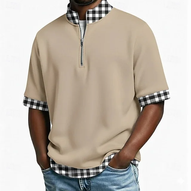 

Men's pure cotton half-zip stand-up collar short-sleeved t-shirt fake two-piece plaid patchwork casual Polo shirt breathable top