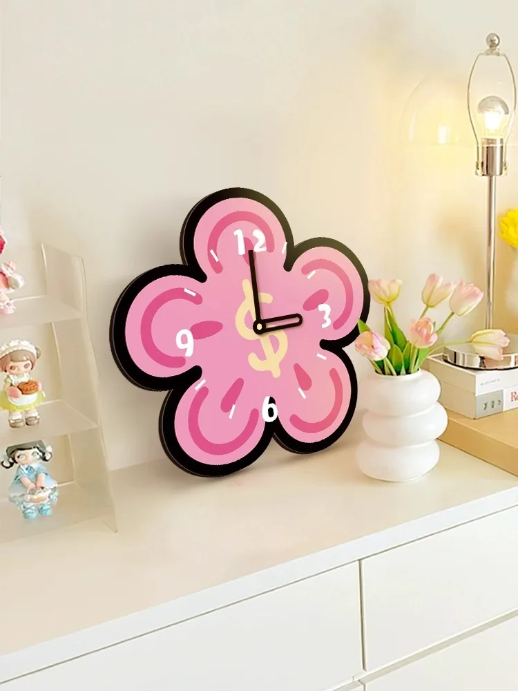 Cream Style Room Decor Pink Flower Digital Clock Mute Table Clock Modern Living Room Bedroom Wall Clock Desk Watch Girl's Gift