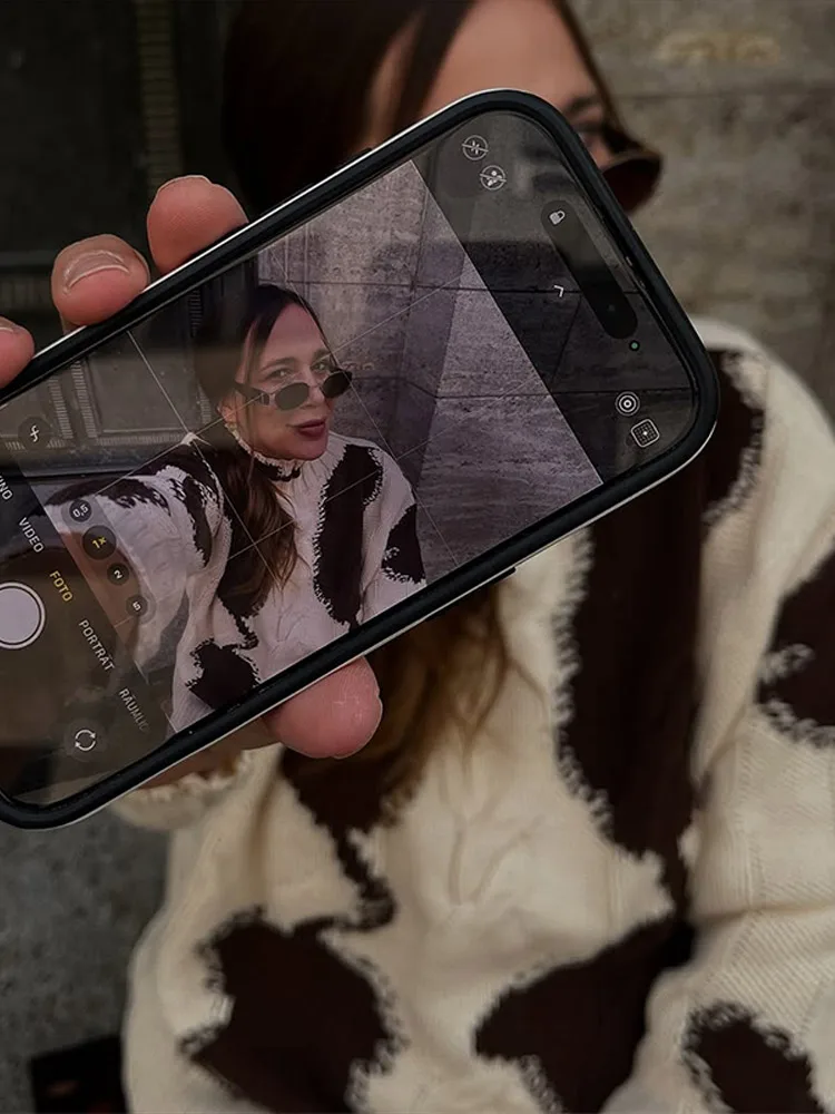 

Вязаная лоскутная верхняя одежда для женщин, свитер с принтом коровы, винтажные топы с высоким воротом, джемпер, повседневная осенне-зимняя новая женская одежда