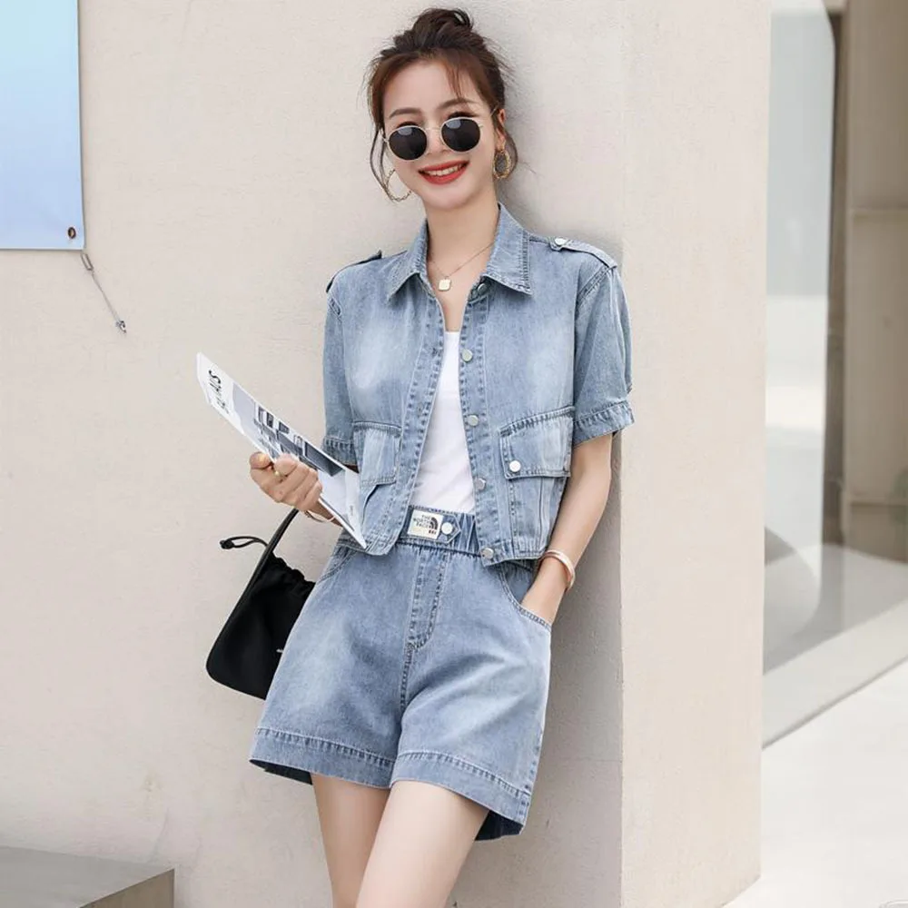 

Denim Short Jacket Female + Casual Elastic Waist Shorts Trousers Summer Korean Fashion Loose Short Sleeve Jeans Two-Piece Suit