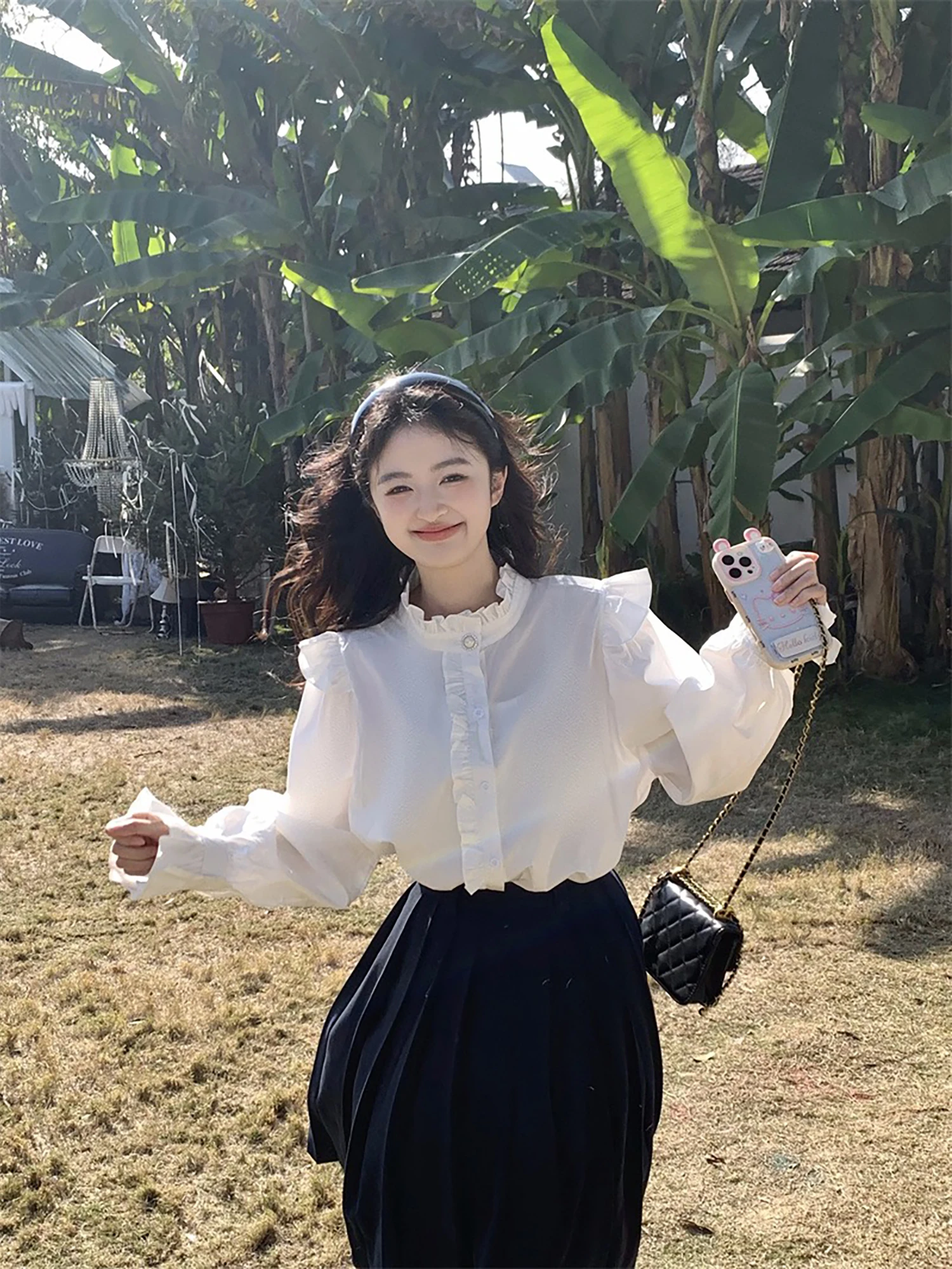 

Vanwenwen 07ww Berlin Holiday Stand Collar Wood ain Ruffle irt Women Spring Vintage Sweet Sle Top French Sle Loose Fit