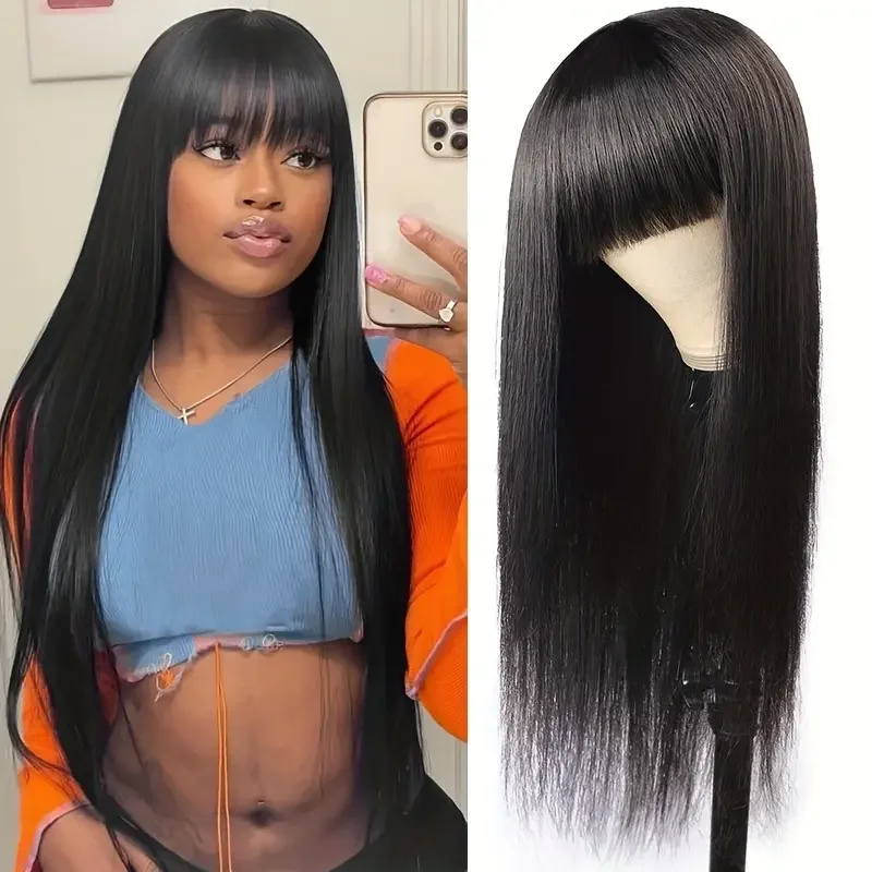 Silky Straight Human Hair Wigs With Bang Full Machine Made Wigs 8-30inch Natural Color AHJF Peruvian Remy Human Hair Wigs 180%