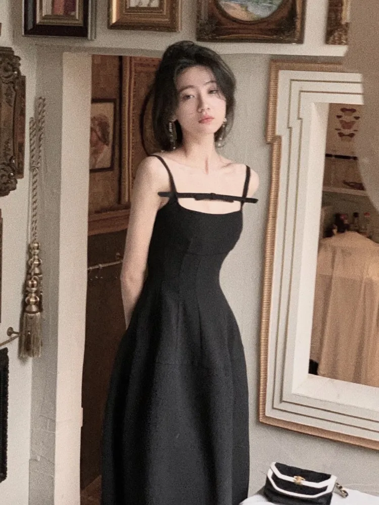 

Women Elegant Vintage Sleeveless A-line Bow Dresses Summer Slim Spaghetti Strap Evening Party Dress Sexy One Piece Vestidos New