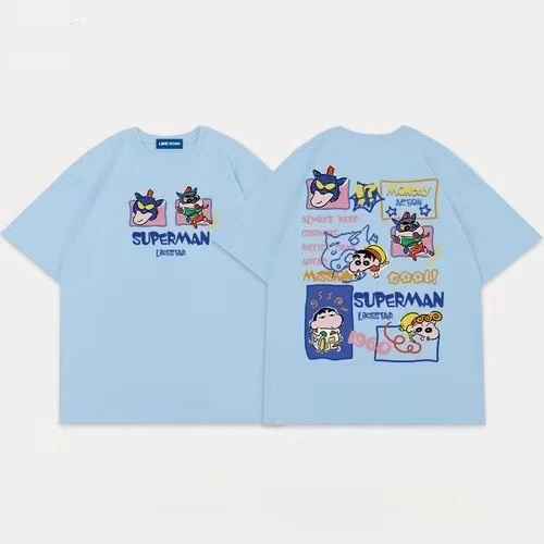 Anime Crayon Shin-Chan Summer Loose Round Neck T-Shirt Casual Cartoon Print Short Sleeve Kids Birthday Gifts