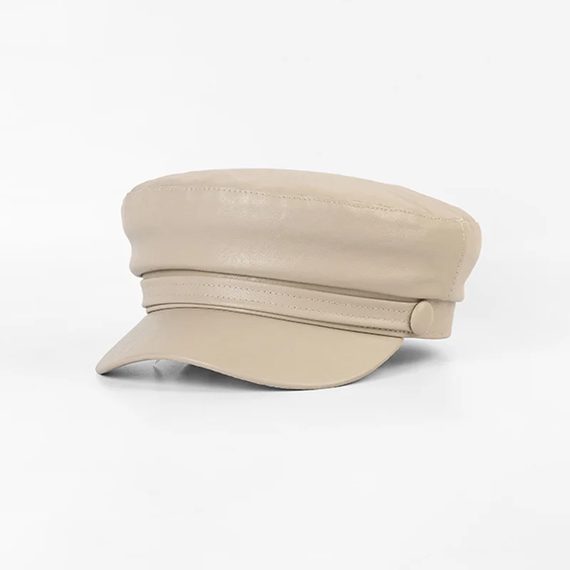 Cool unisex pu leather hat autumn sailor hat for women men cap black female travel student hat captain army flat top