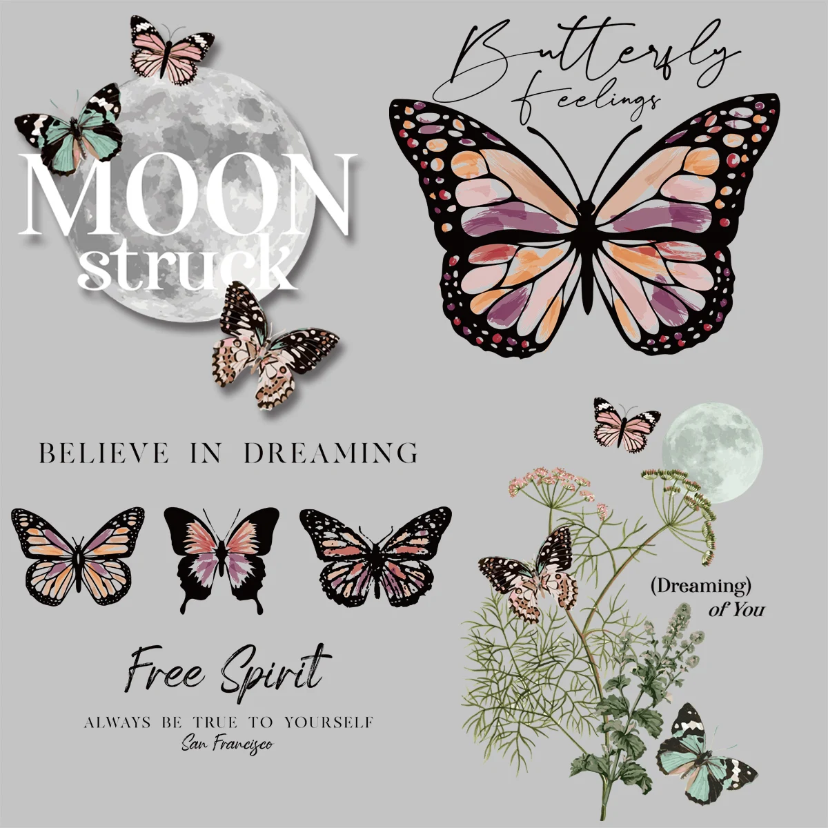 

Plant Flower Butterfly Letter Planet "MOON Struck" "Free Spirit" Iron On Transfer Character Patch for Clothing DIY Appliques