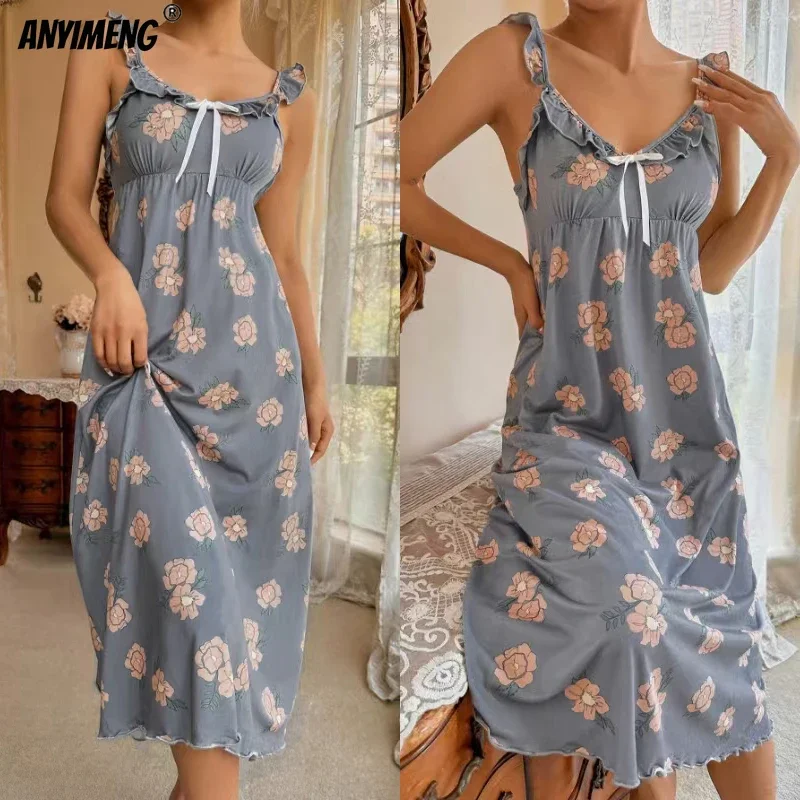 Gorgeous Women Nightgowns Summer Fashion Retro Nightdress Ruffle Dress Elegant Floral Homedress Chic Slim Gowns Lady Lingerie