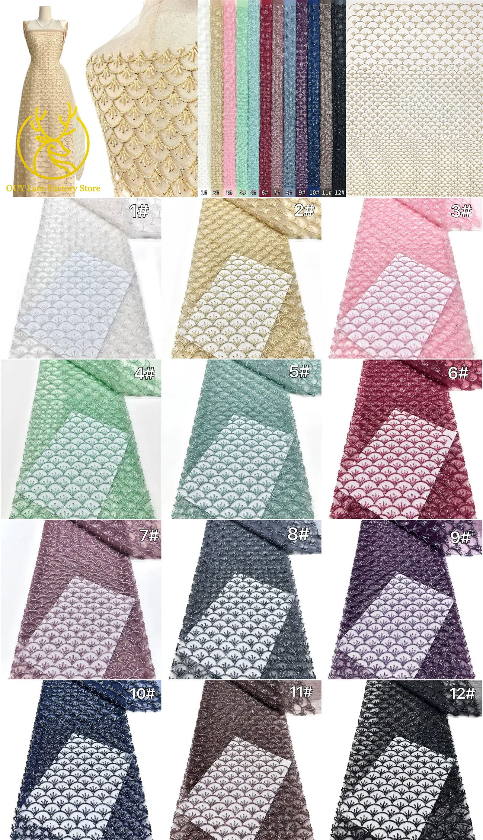 Rosa Neues Design Handgefertigter Perlen-Spitzenstoff Französischer Hochzeitsstoff Nigerianischer Pailletten-Perlen-Stickerei Tüll-Spitzenstoff – Detail 21