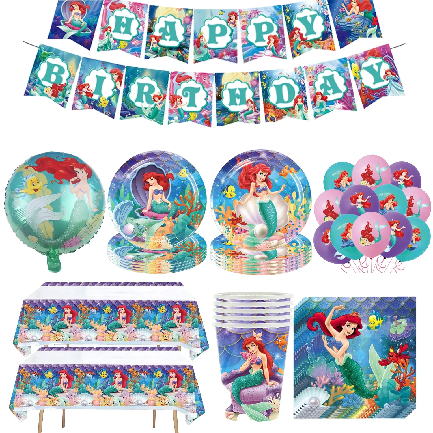 Zeemeermin Prinses Ariel Thema Verjaardagsfeestje Decoratie Wegwerp Servies Meisje Ballon Papieren Bord Tafelkleed Feestartikelen