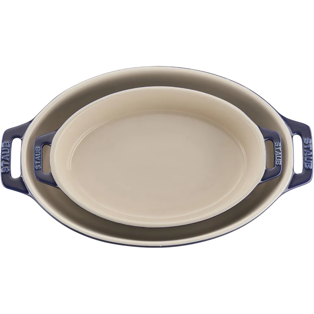 طقم أطباق خبز بيضاوية من السيراميك باللون الأزرق الداكن، قطعتان