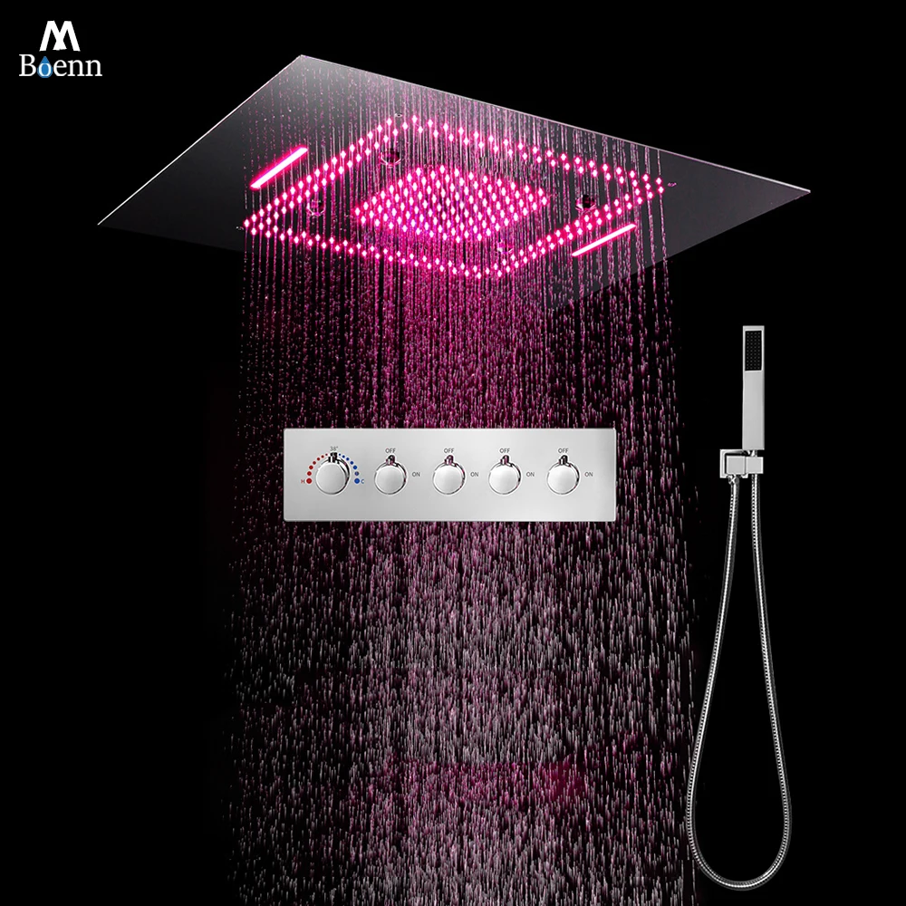 

M Boenn Polished 23×31 Inch Smart Shower Head Rainfall Concealed Thermostatic Mixer Large LED Shower System Bathroom Faucets Set