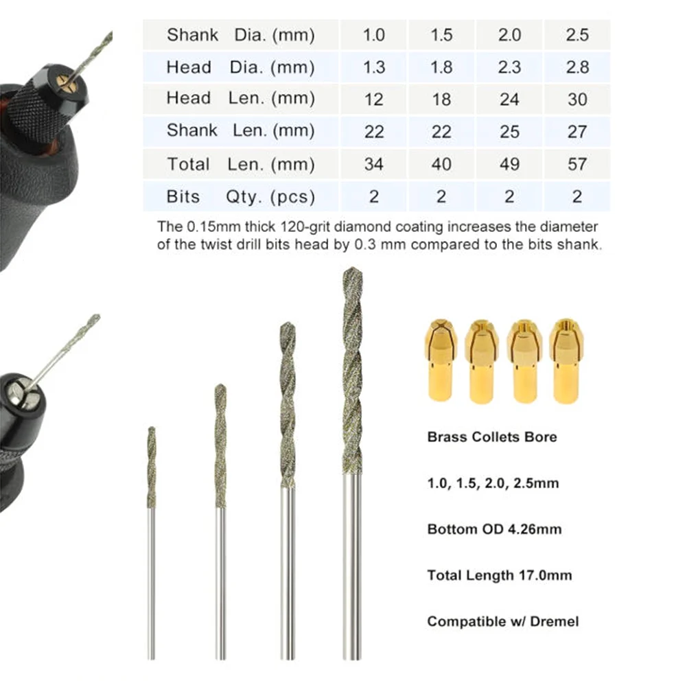 8-Piece 120 Grit Emery Drill Bits 1mm 1.5mm 2mm 2.5mm for Dremel Rotary Tools with 4 Collets for Shaping Sea Glass Stones