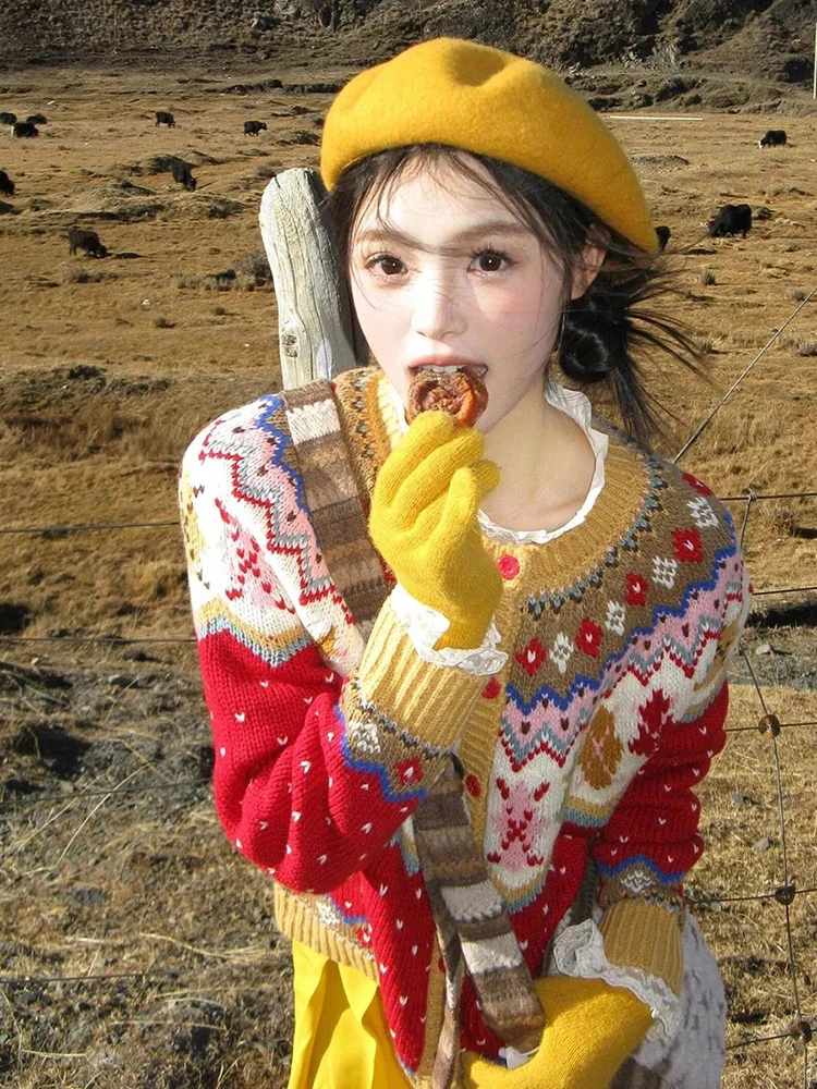 

Повседневный жаккардовый вязаный кардиган женский консервативный сладкий принт Kawaii ленивый ветровой свитер с длинным рукавом и круглым вырезом винтажные свободные студенческие топы