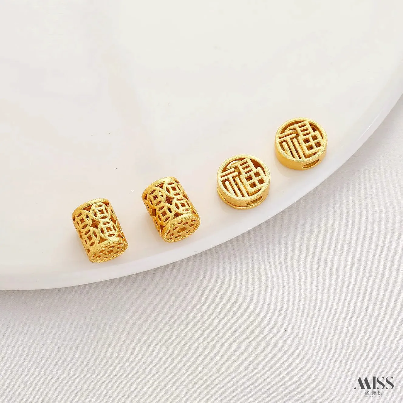 Sand Gold Plated Copper, Hollow Coin Pattern Barrel Beads, Fu Character Spacer Beads, DIY Jewelry Making Supplies