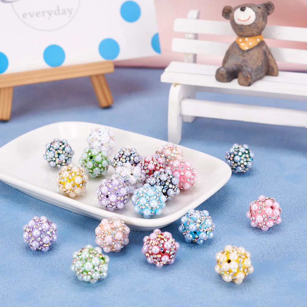 20Pcs 17mm Polymer Clay Rhinestone Round Beads Ball Spacer Beads with Imitation Pearl for jewelry making DIY bracele necklace