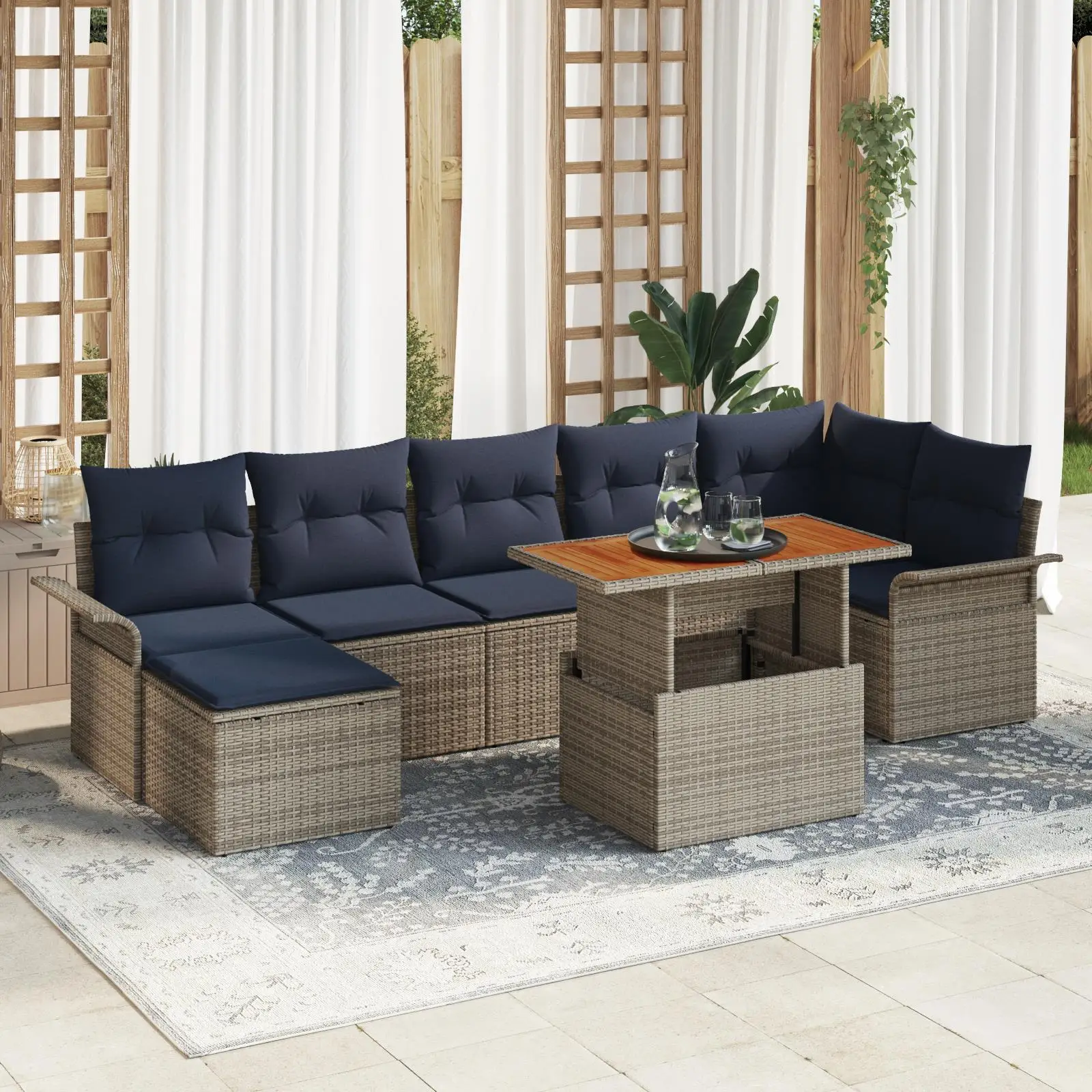 

8 Piece Grey Poly Rattan Garden Sofa Set with Cushions Acacia Wood Outdoor Furniture