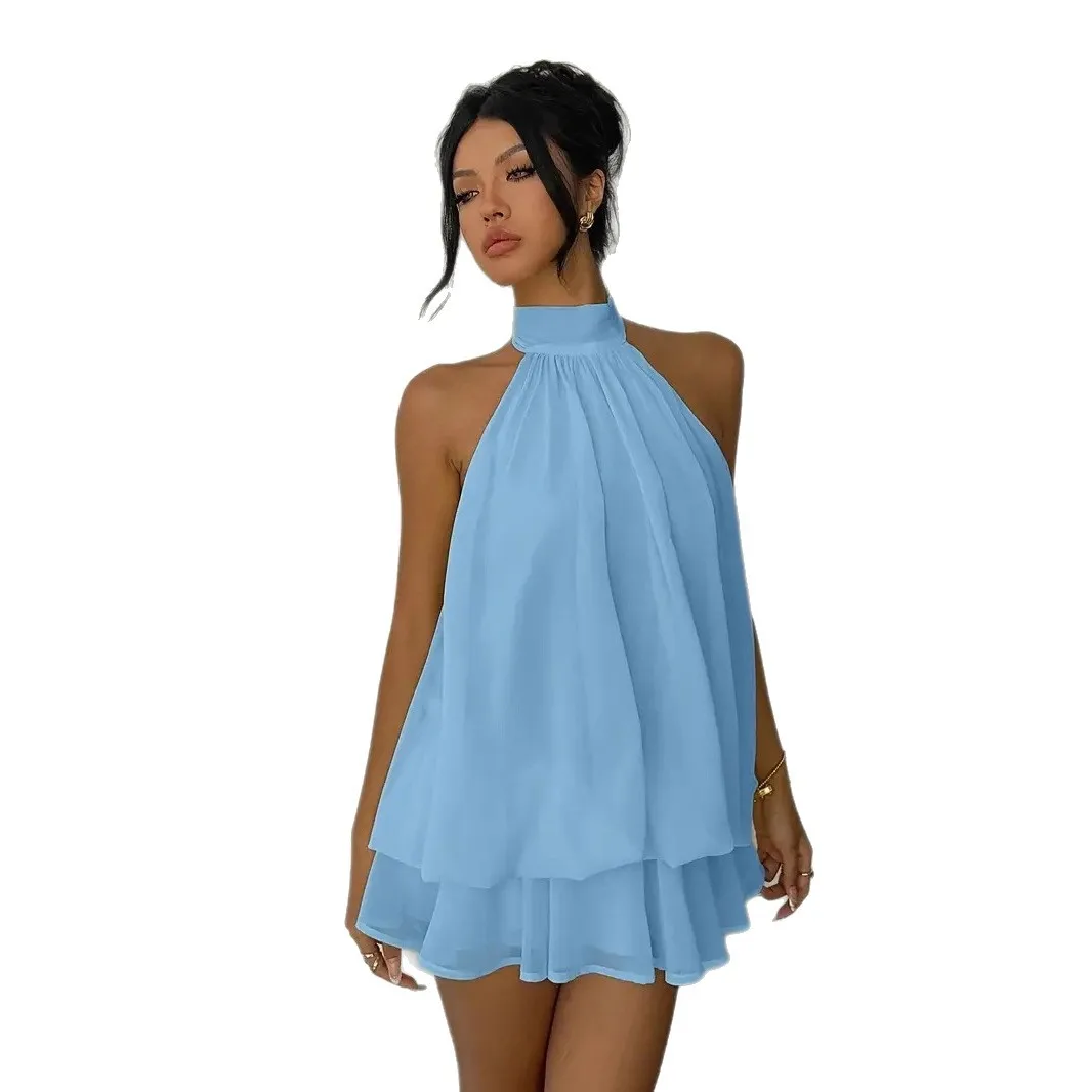 Damesjurk met halternek, rugloze chiffon minirok met strik aan de voorkant, modieuze sexy Y2K vintage schattige feestjurk voor verjaardagen - afbeelding 2