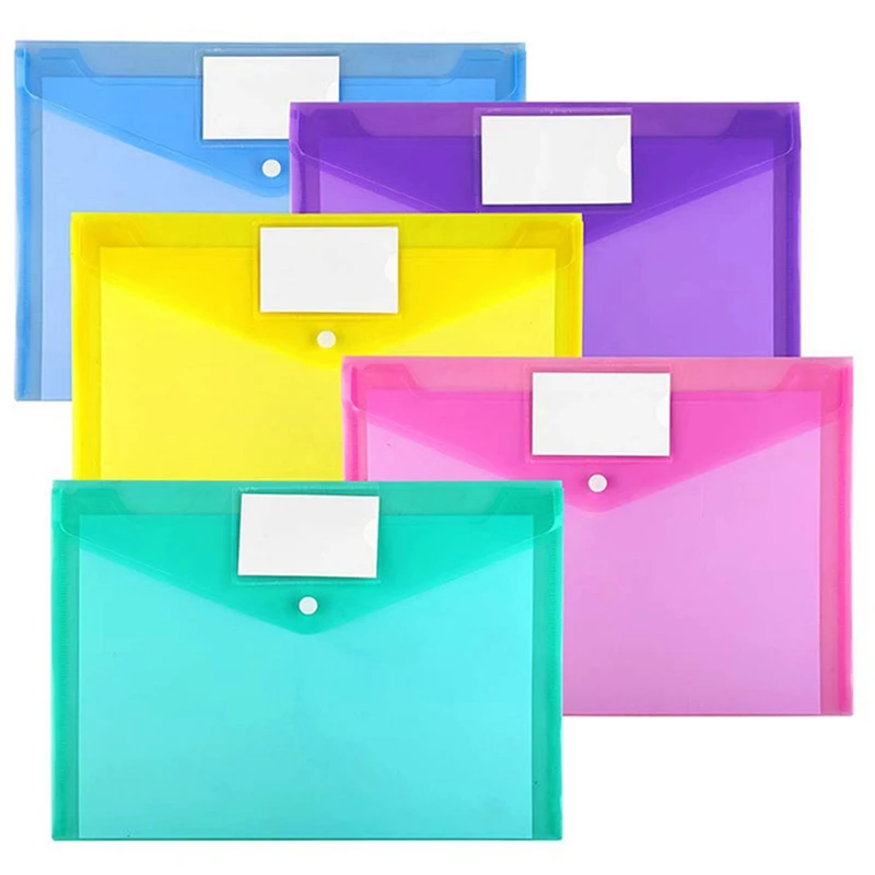12Pcs Multi File Envelope PVC Snap Button File Bag A4 Plastic With Business Card Holder File Bag