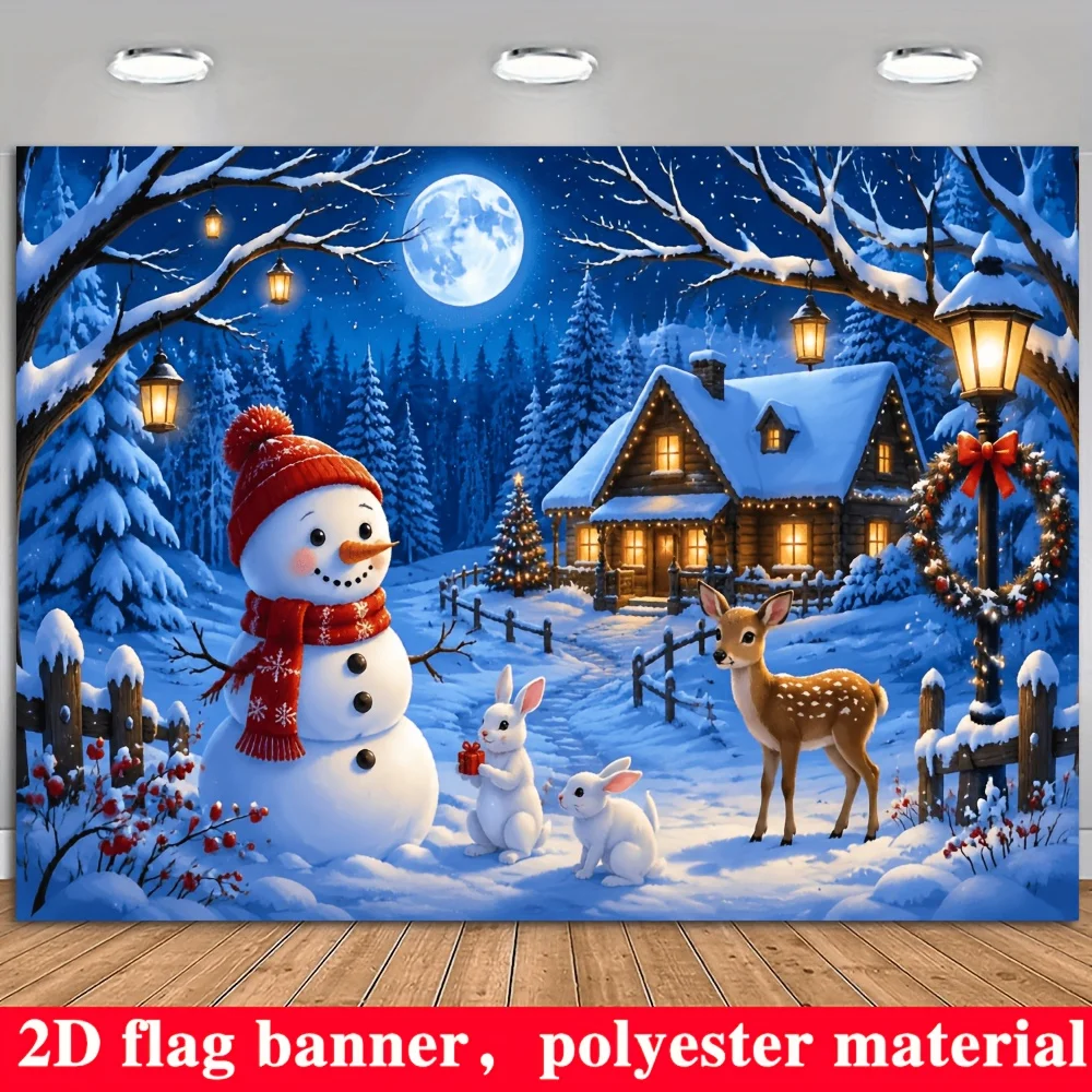 2D Flat Banner, 2D Flat - 1pc 2D Banner Christmas Winter Theme Background Cloth, Featuring Snowmen with Red Hats And Scarves, Re