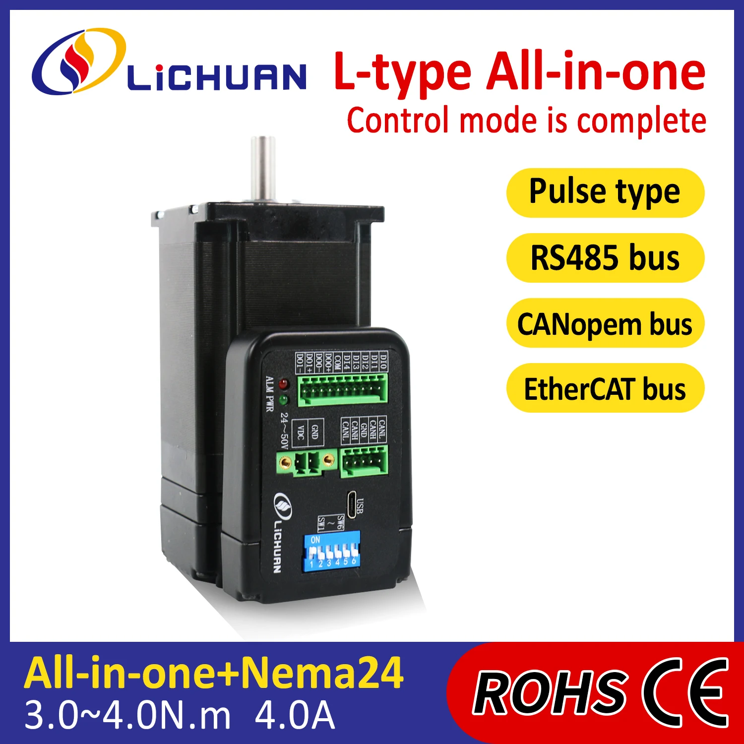 

Lichuan 36V 4A 1000PPR Stepper Motor Integrated Controller 3/3.5/4N.m 2Phase Nema24 Closed Loop Integrated Stepper Motors Driver