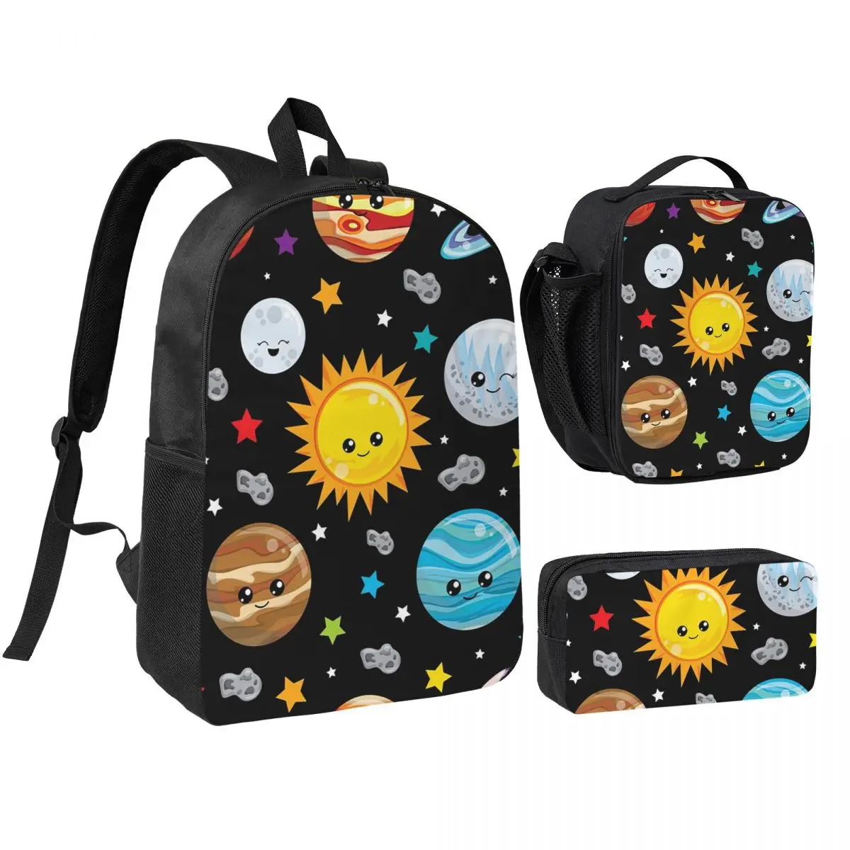 Kawaii Planets Cute Solar System Backpack Boys Girls BookBag School Bag Shoulder Bags 3ps Insulated Lunch Bag Pencil Case