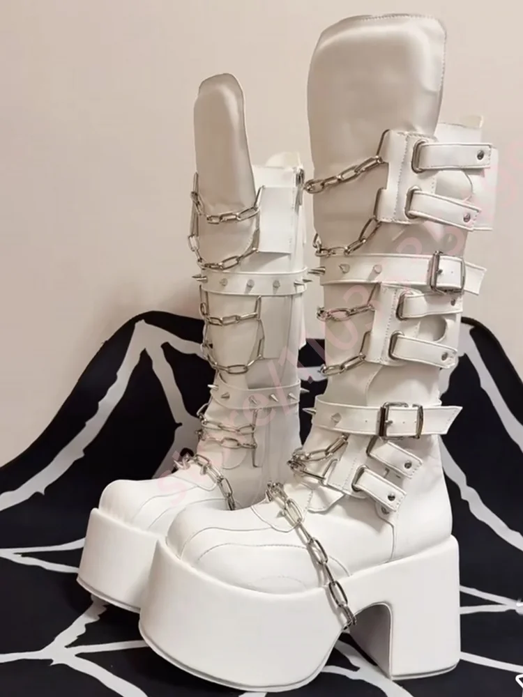 

Punk Platform Belt Buckle Chain Stage Boots 2025 Street Chunky High Heel Motorcycle Boots Fashion Party Casual Gothic Long Boot