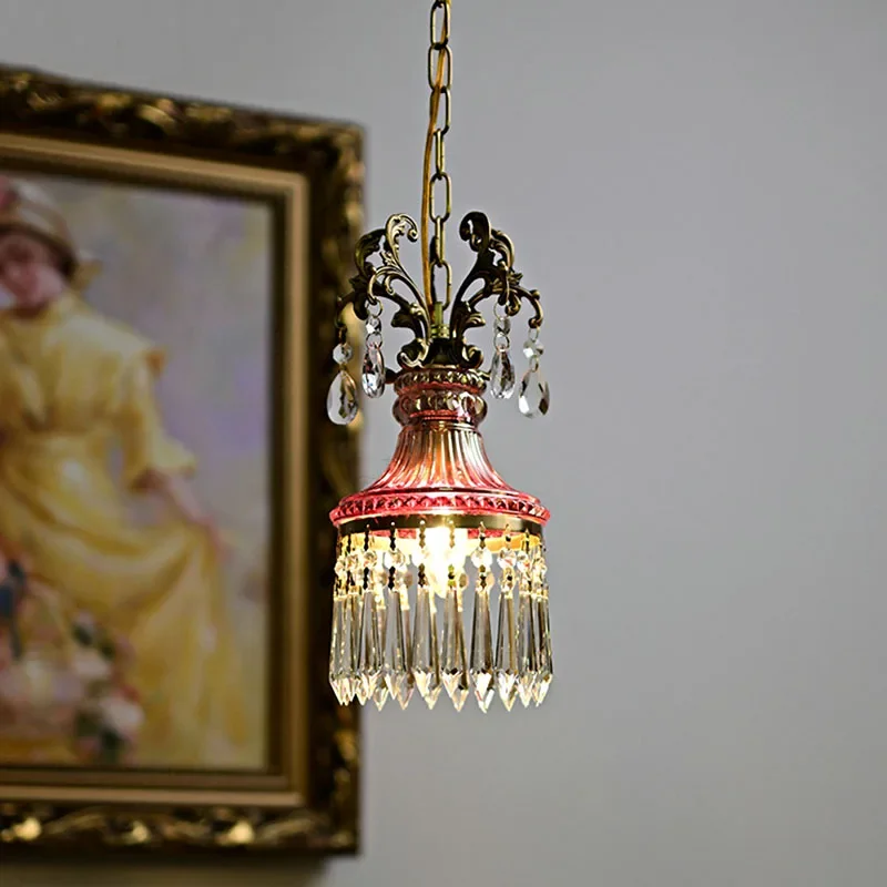 French Crystal Chandelier, Retro Light Luxury All Copper Ice Flower Glass Lamp Bedside Balcony Aisle Entrance Light