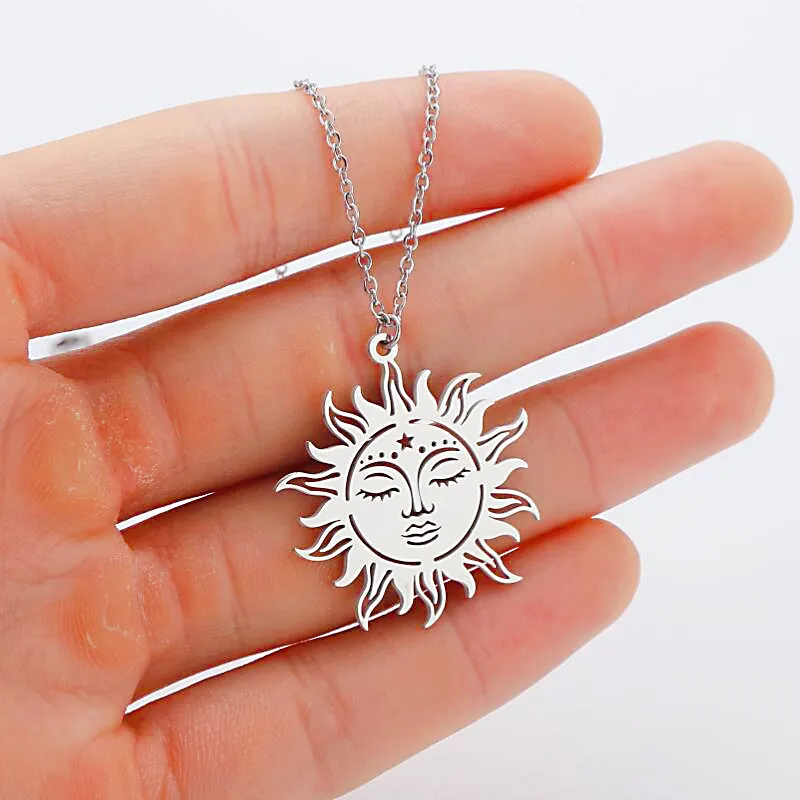 Sun Face Moon Pentagram Pendant Necklace For Women Gold Stainless Steel Necklace Chain Desinger Charms Collares Para Mujer