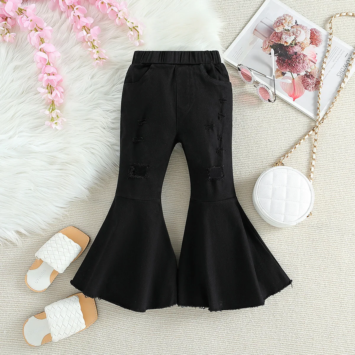 

2026 Spring Autumn 1-8Y Girls Denim Flare Pants, Solid Color Ripped Casual Jeans for 90-130cm