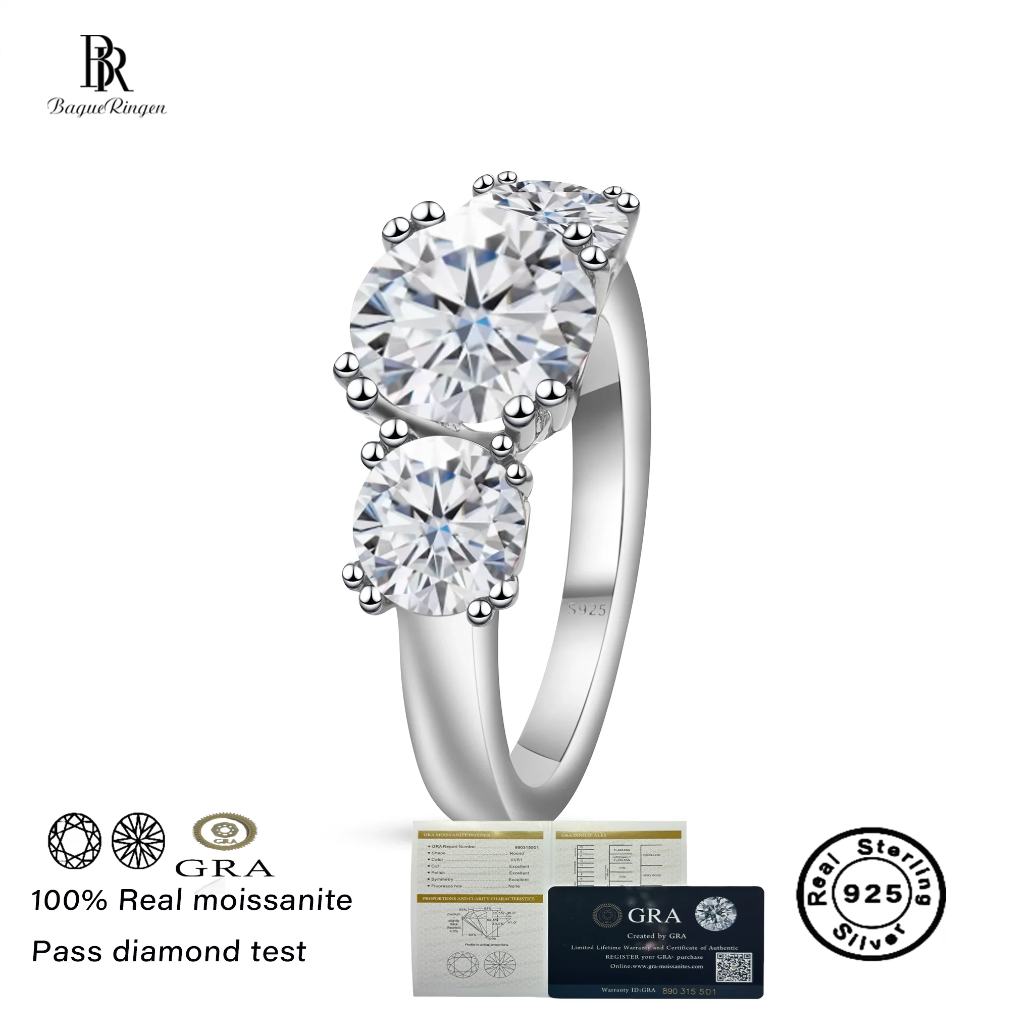 

5 Carat round Cut Moissanite Engagement Ring for Women Five Stone Solid 925 Sterling Silver VVS D Color with GRA Certificate