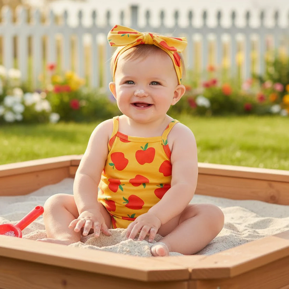 Süßer Baby-Body für Mädchen, Frucht-Motiv, Trägerkleidung, lässig, Sommer, mit Stirnband