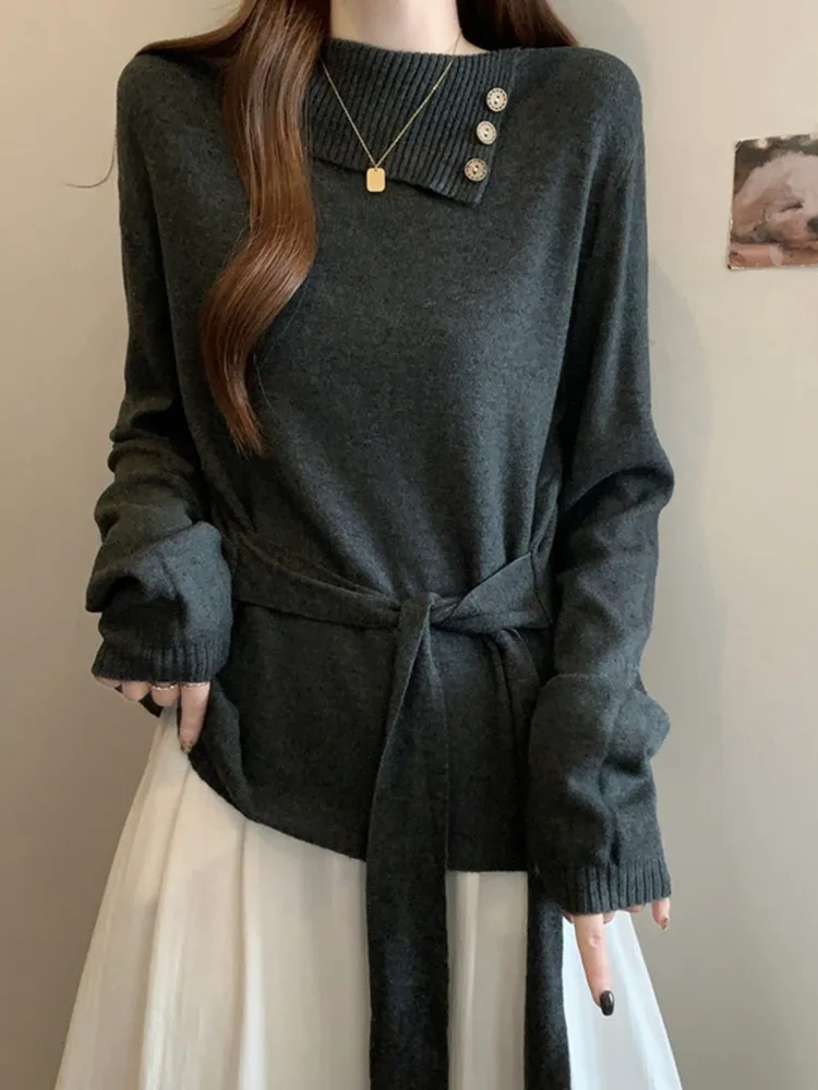 

plus Size Women's Vintage Design Turn-down Collar Knitwear Belted Slimming Tummy Covering Base Shirt Top Korean Style Loose Fit