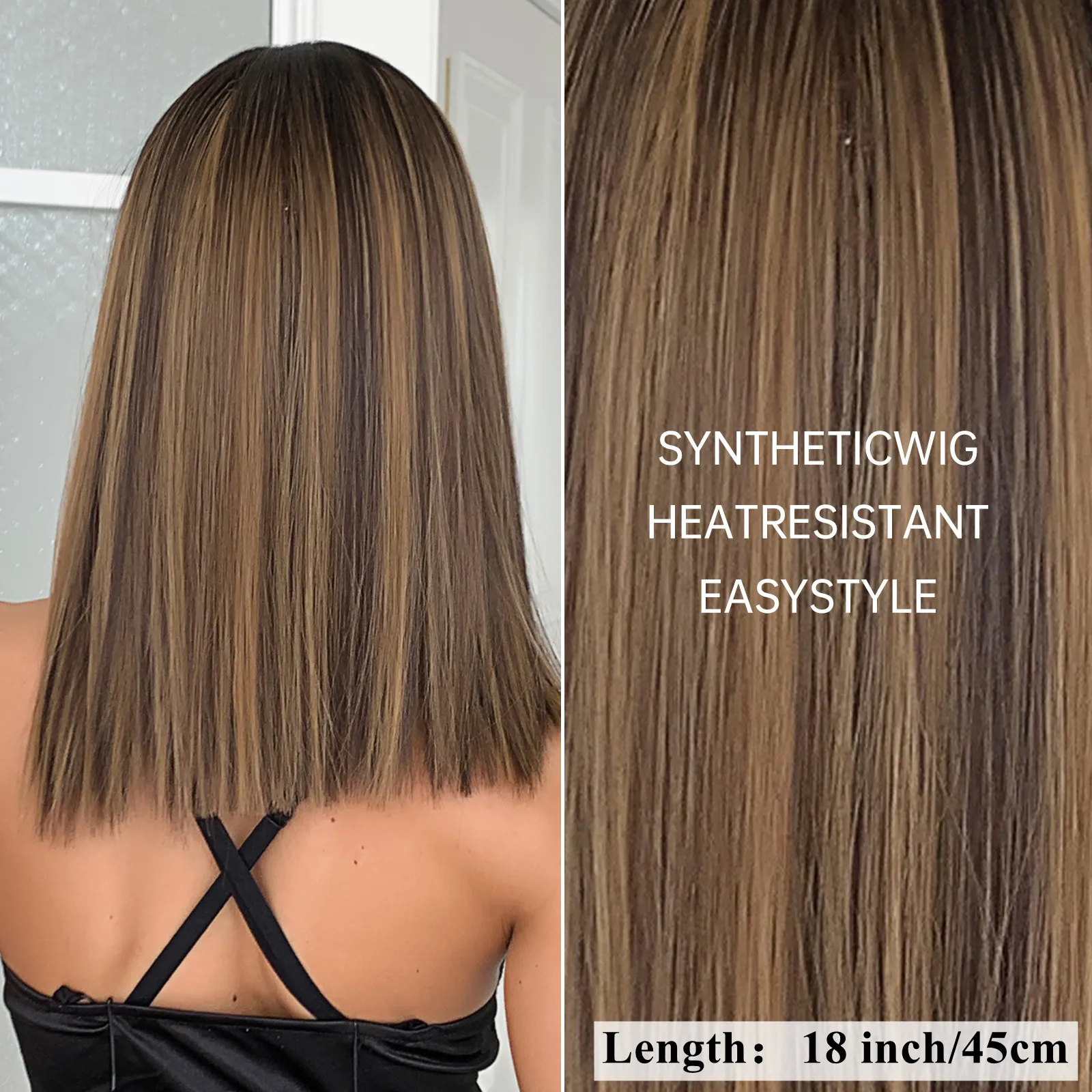 ALAN EATON Bob Medium Length Straight Bangs Wigs for Women Brown Blonde Mixed Synthetic Wigs Daily Cosplay Use Heat Resistant