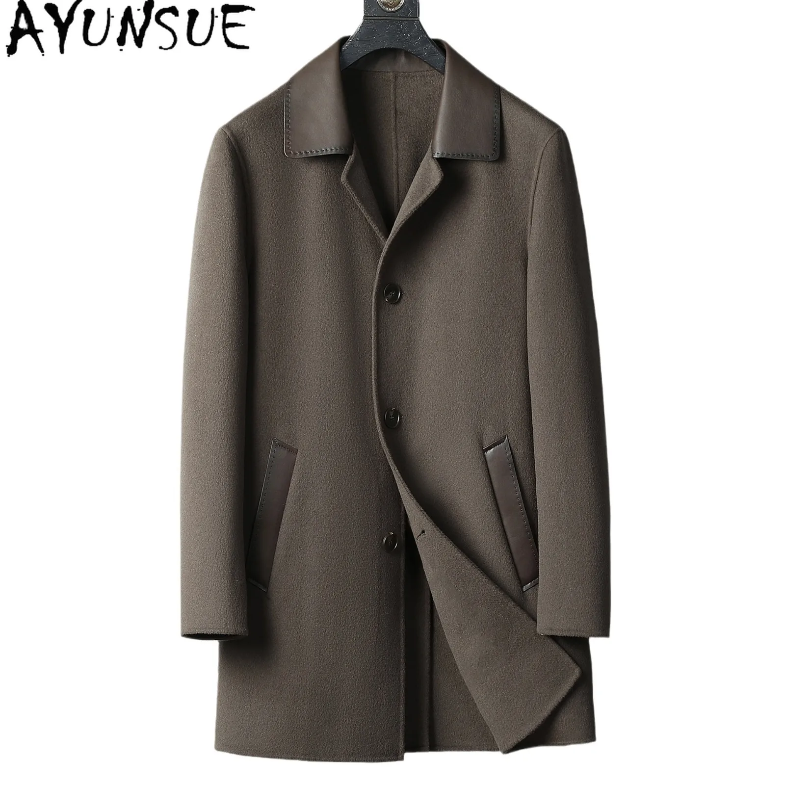 

AYUNSUE куртка из 100% овечьей шерсти, мужская зимняя одежда, шикарный плащ средней длины 2025, деловые повседневные мужские пальто с воротником из овчины