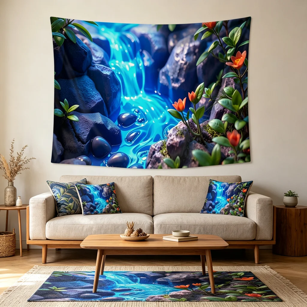 1PC Blue Stream Waterfall Art Print Backdrop Banner, Bedroom Living Room Photo Background, Polyester, Home Decor, Wall Art